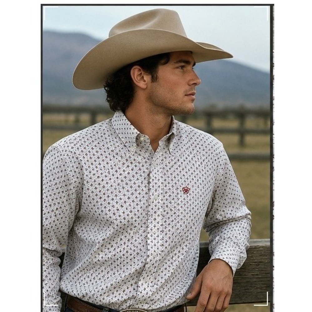Ariat Button Down Shirt Men Small White Red Geometric Print Cowboy Western Rodeo - Picture 2 of 6